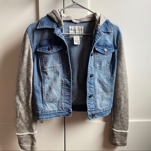 Denim Jacket with Sweatshirt Sleeves and Hood